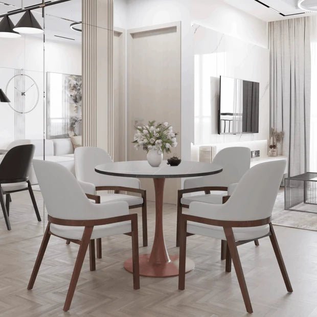 Bristol Round Dining Table With MDF Wood/Sintered Stone Tabletop with Cherry Finish Pedestal Base