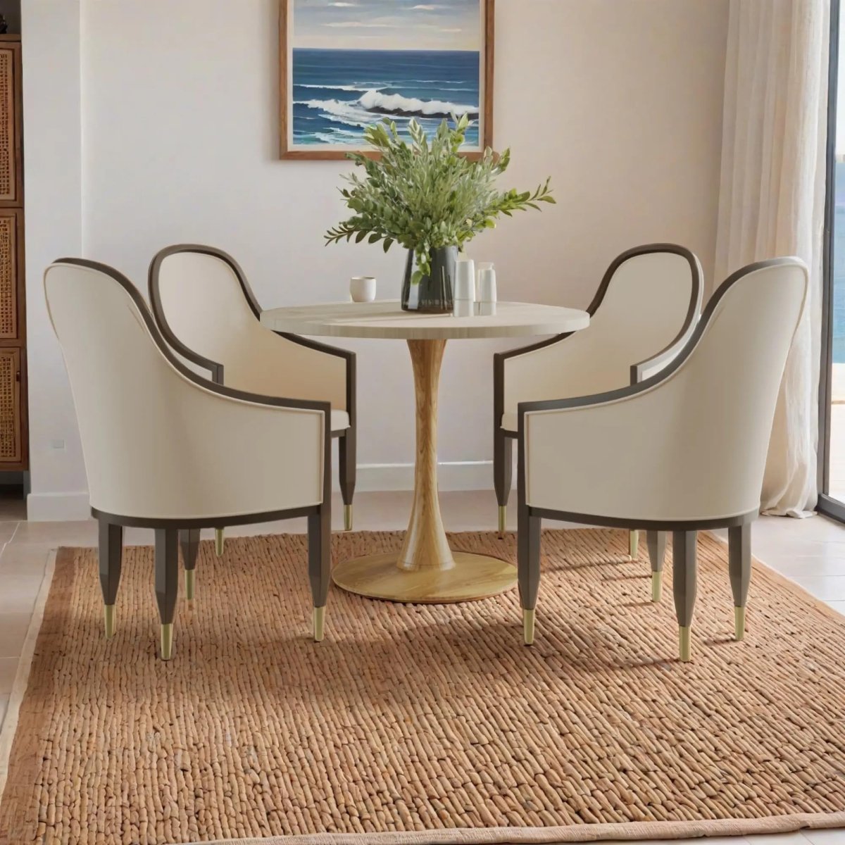 Bristol Round Dining Table With MDF Wood/Sintered Stone Tabletop with Natural Wood Finish Pedestal Base