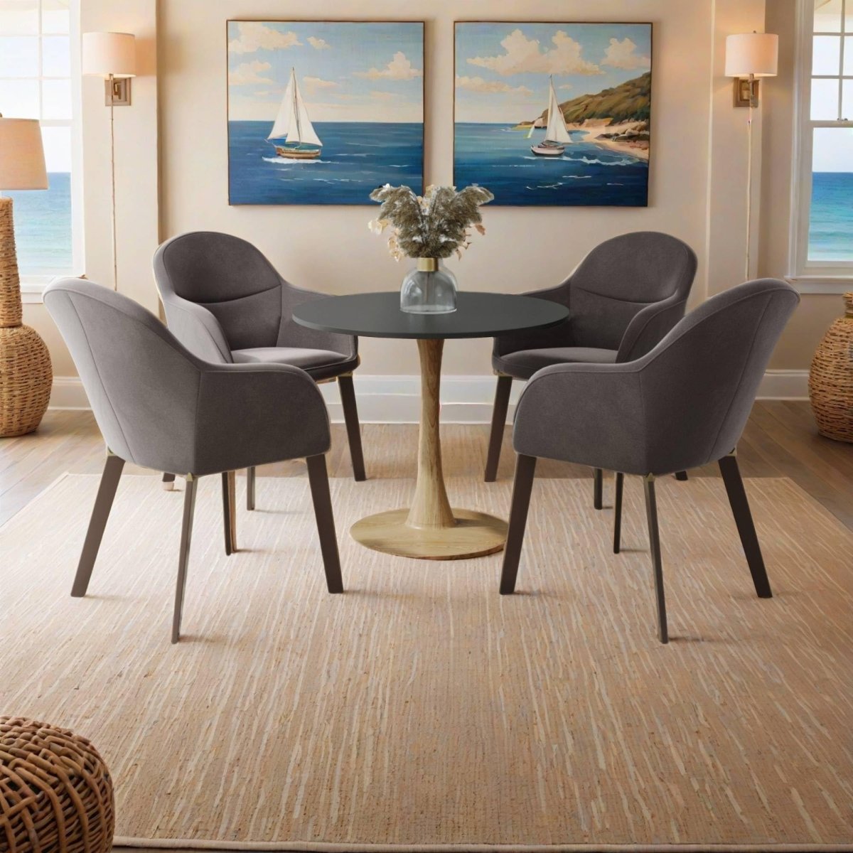 Bristol Round Dining Table With MDF Wood/Sintered Stone Tabletop with Natural Wood Finish Pedestal Base