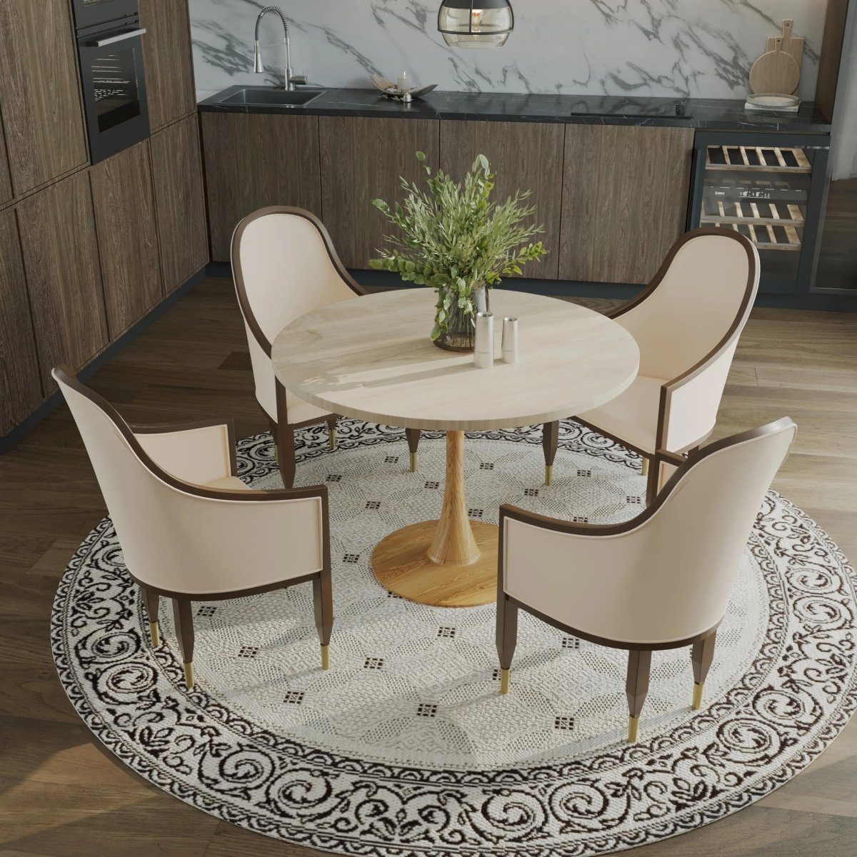 Bristol Round Dining Table With MDF Wood/Sintered Stone Tabletop with Natural Wood Finish Pedestal Base