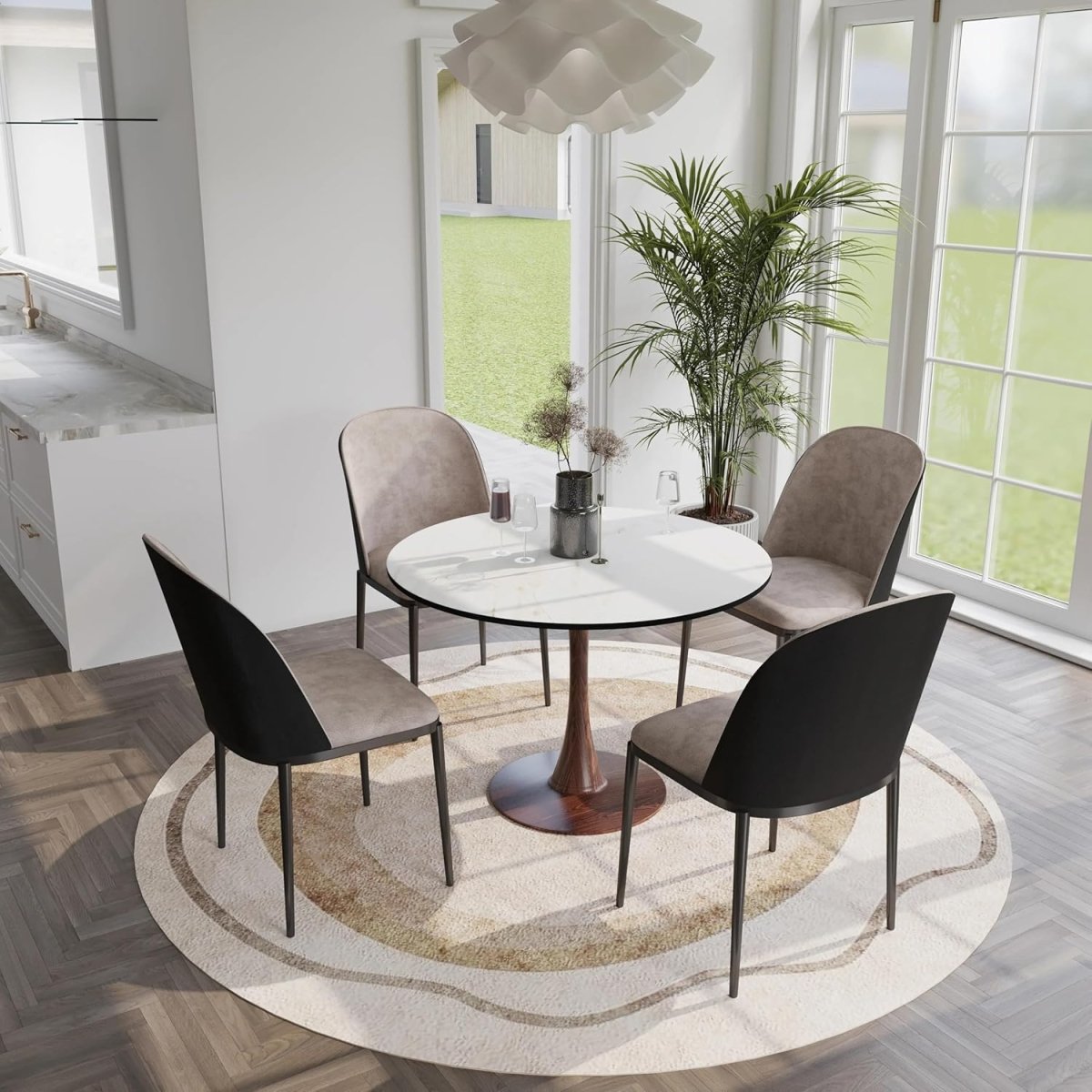 Bristol Round Dining Table With MDF Wood/Sintered Stone Tabletop with Walnut Finish Pedestal Base