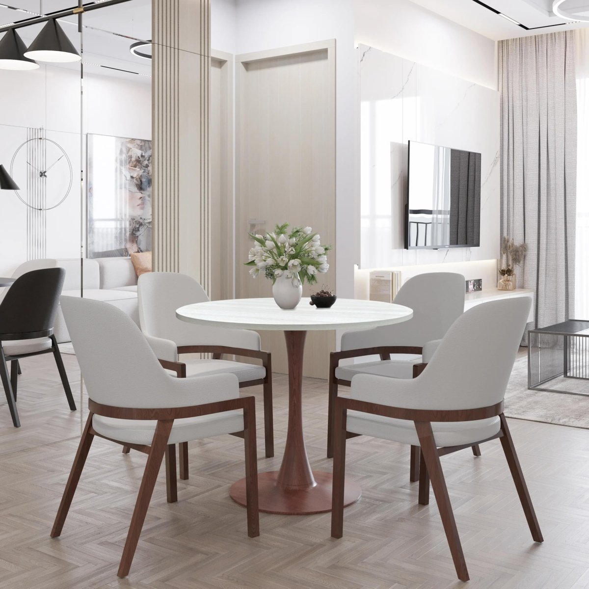 Bristol Round Dining Table With MDF Wood/Sintered Stone Tabletop with Walnut Finish Pedestal Base