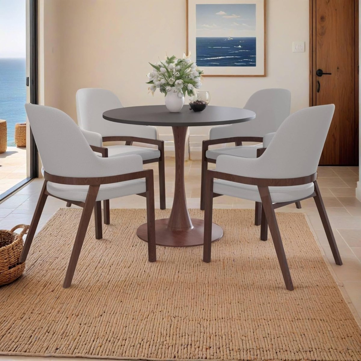 Bristol Round Dining Table With MDF Wood/Sintered Stone Tabletop with Walnut Finish Pedestal Base