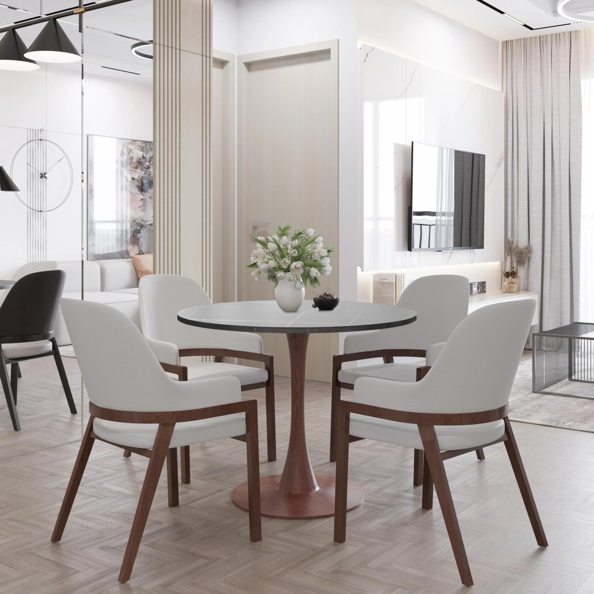 Bristol Round Dining Table With MDF Wood/Sintered Stone Tabletop with Walnut Finish Pedestal Base