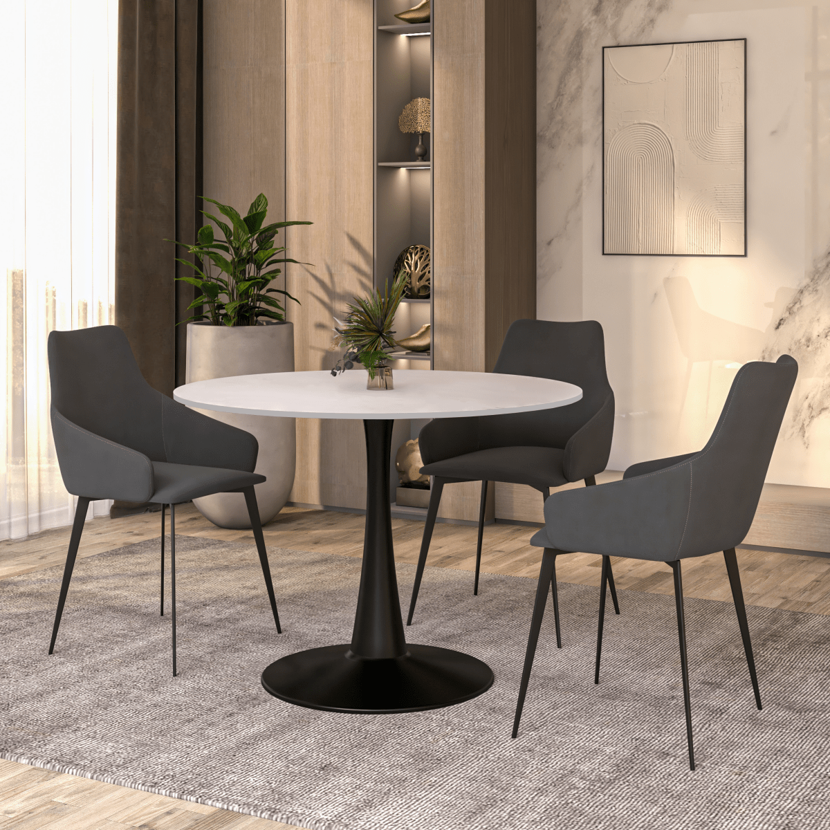 Bristol Round Dining Table with MDF/Sintered Stone/Glass Tabletop in Black Steel Base