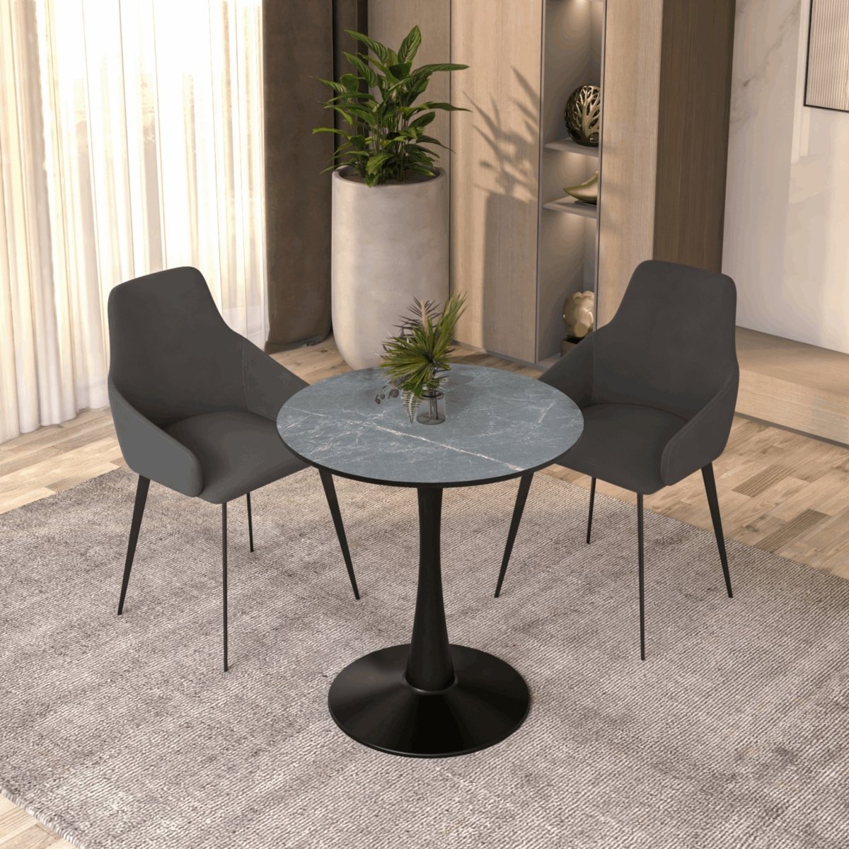 Bristol Round Dining Table with MDF/Sintered Stone/Glass Tabletop in Black Steel Base MDF 27 Inches Marbled Black Dining Table Leisuremod