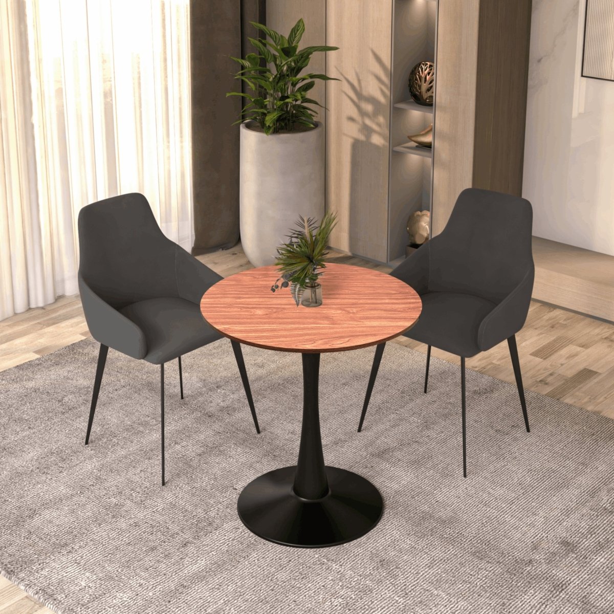 Bristol Round Dining Table with MDF/Sintered Stone/Glass Tabletop in Black Steel Base MDF 27 Inches Cognac Brown Dining Table Leisuremod
