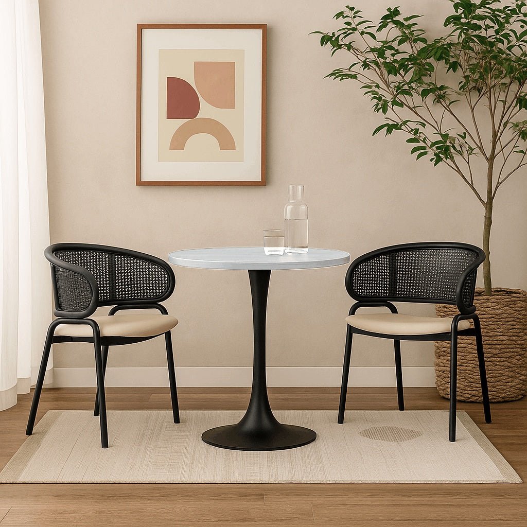 Bristol Round Dining Table with MDF/Sintered Stone/Glass Tabletop in Black Steel Base MDF 36 Inches Light Natural Dining Table Leisuremod