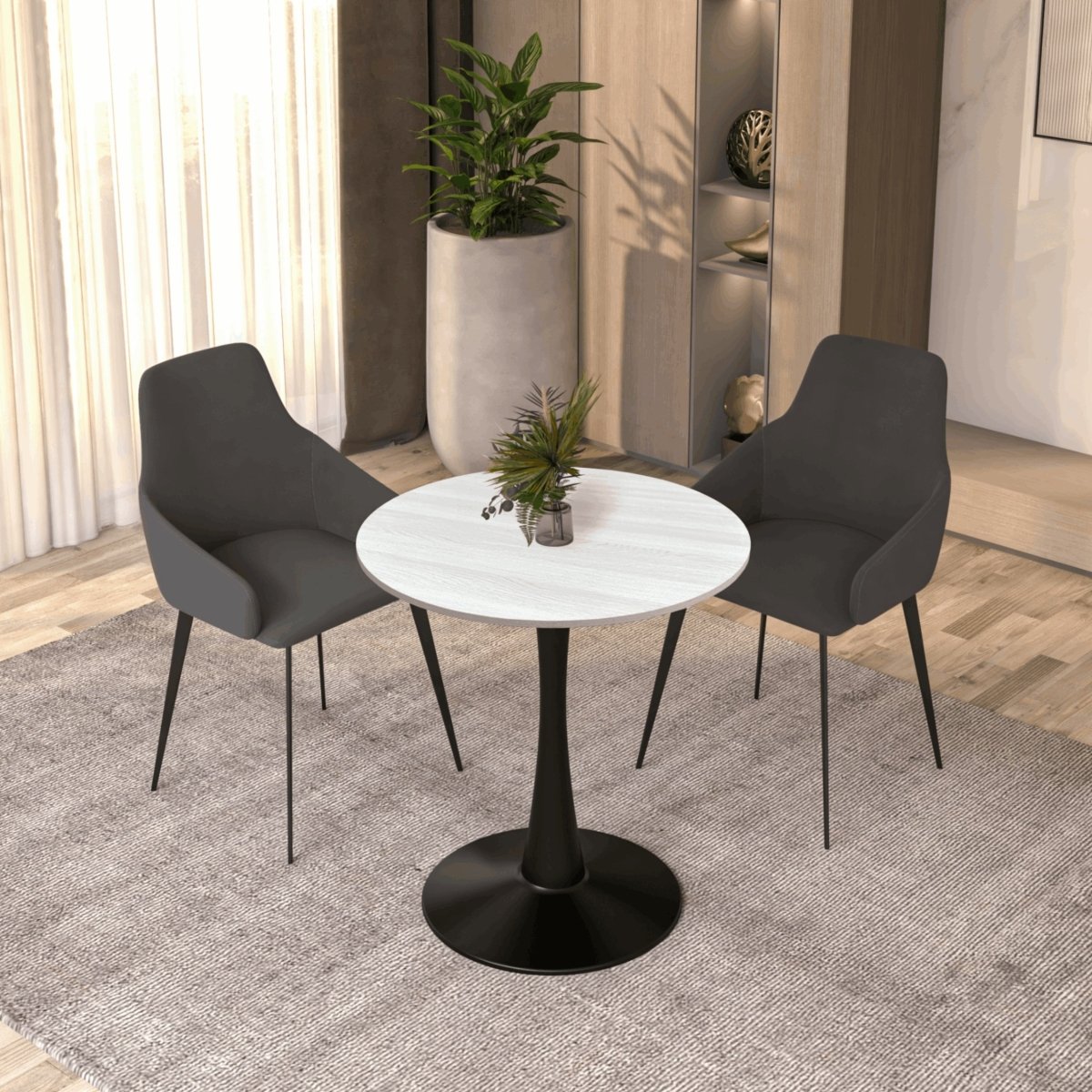 Bristol Round Dining Table with MDF/Sintered Stone/Glass Tabletop in Black Steel Base MDF 27 Inches Light Natural Dining Table Leisuremod