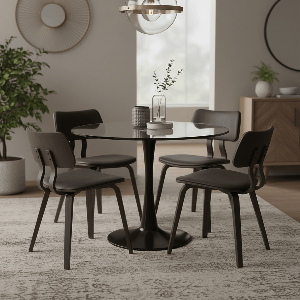 Bristol Round Dining Table with MDF/Sintered Stone/Glass Tabletop in Black Steel Base Glass Clear Dining Table Leisuremod