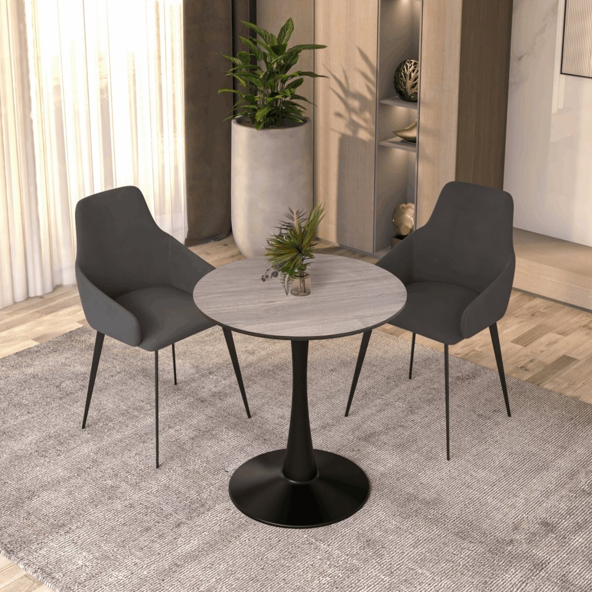 Bristol Round Dining Table with MDF/Sintered Stone/Glass Tabletop in Black Steel Base MDF 27 Inches Dark Walnut Dining Table Leisuremod