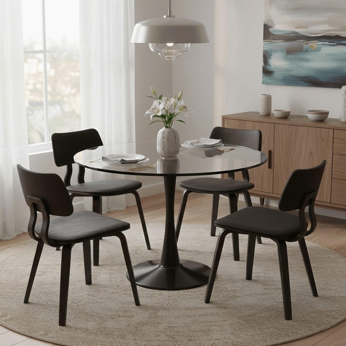 Bristol Round Dining Table with MDF/Sintered Stone/Glass Tabletop in Black Steel Base Glass Clear Dining Table Leisuremod