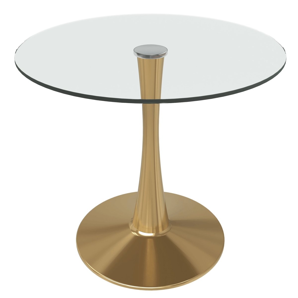 Bristol Round Dining Table with MDF/Sintered Stone/Glass Tabletop in Gold Steel Glass Clear Dining Table Leisuremod