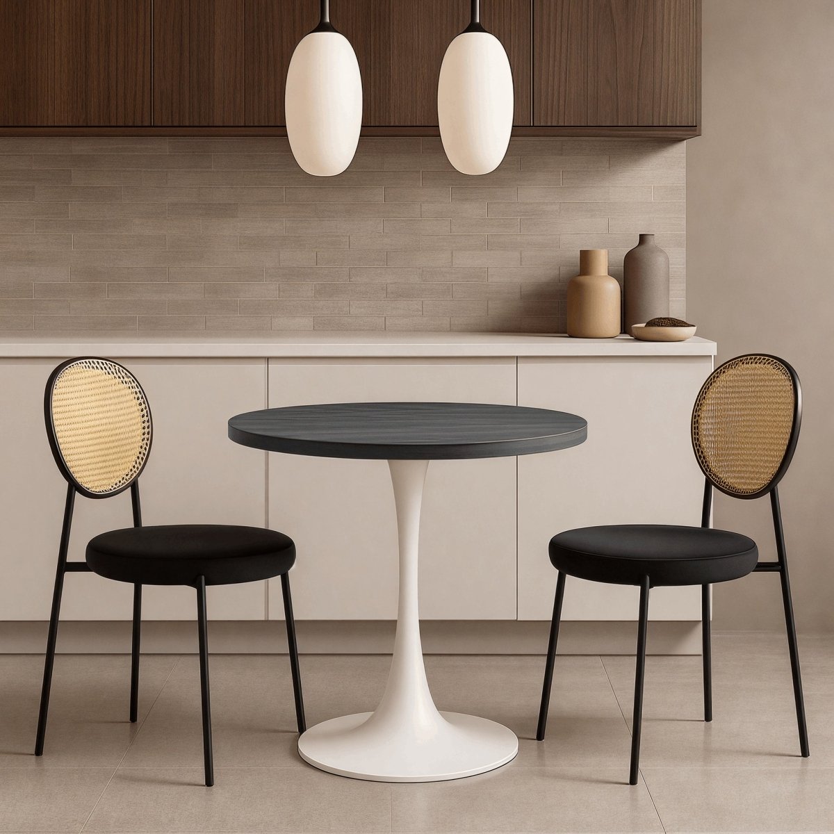 Bristol Round Dining Table with MDF/Sintered Stone/Glass Wood Tabletop in White Steel MDF 36 Inches Black Dining Table Leisuremod