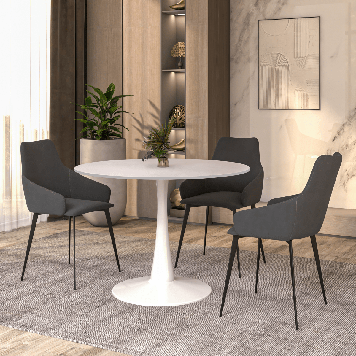 Bristol Round Dining Table with MDF/Sintered Stone/Glass Wood Tabletop in White Steel