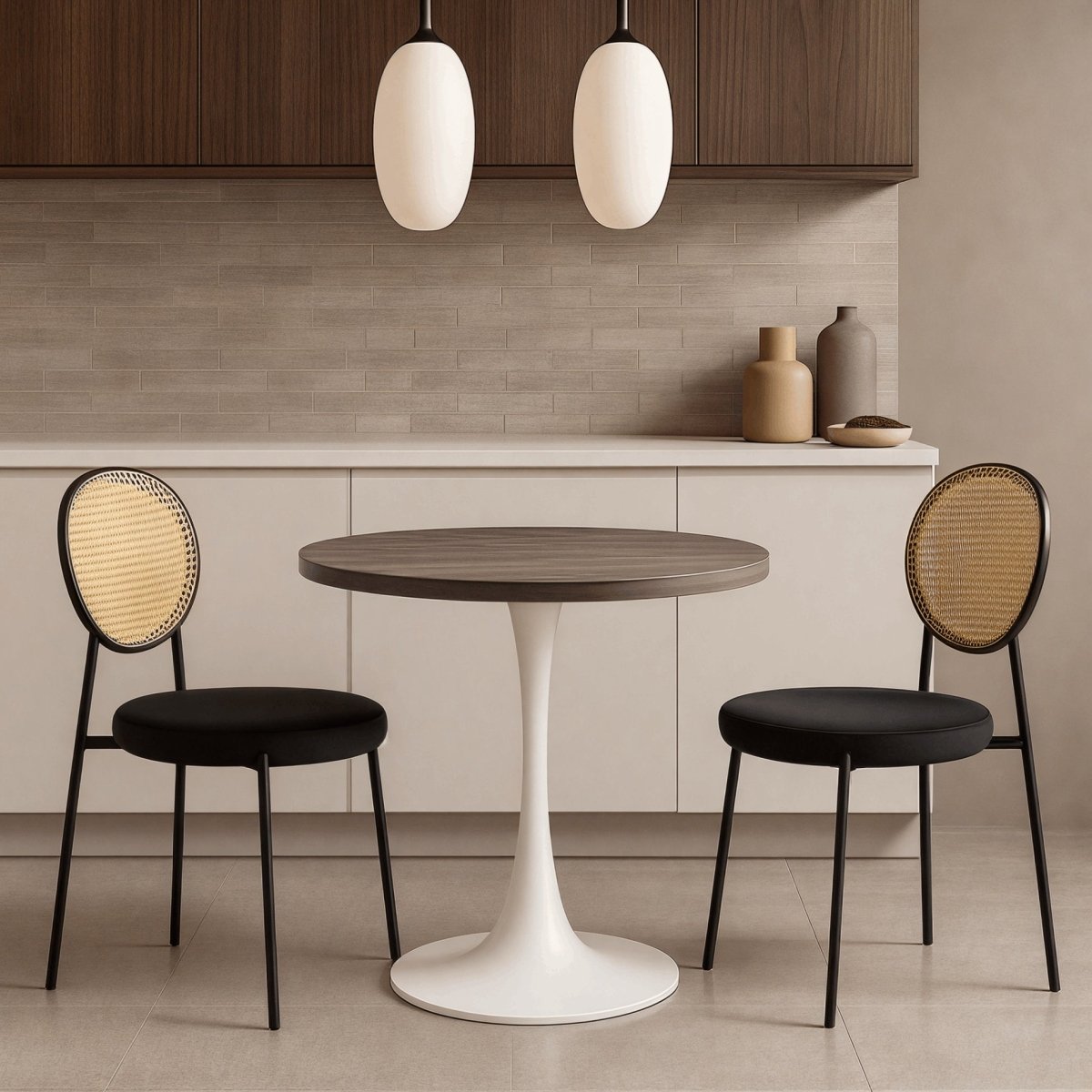 Bristol Round Dining Table with MDF/Sintered Stone/Glass Wood Tabletop in White Steel MDF 36 Inches Dark Walnut Dining Table Leisuremod