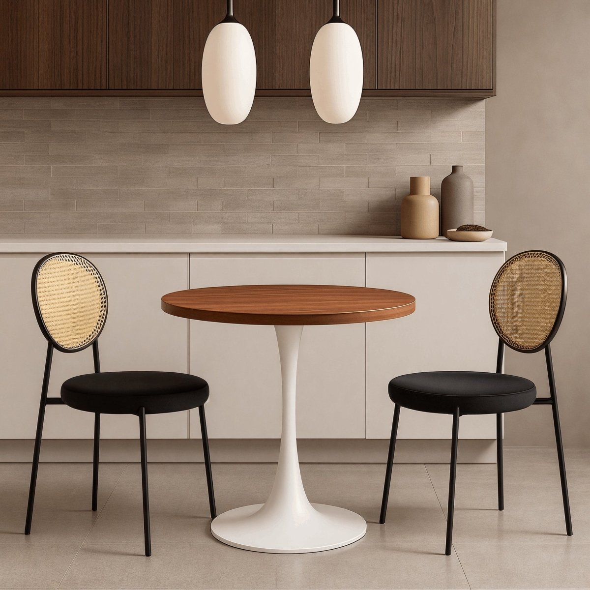 Bristol Round Dining Table with MDF/Sintered Stone/Glass Wood Tabletop in White Steel MDF 36 Inches Cognac Brown Dining Table Leisuremod