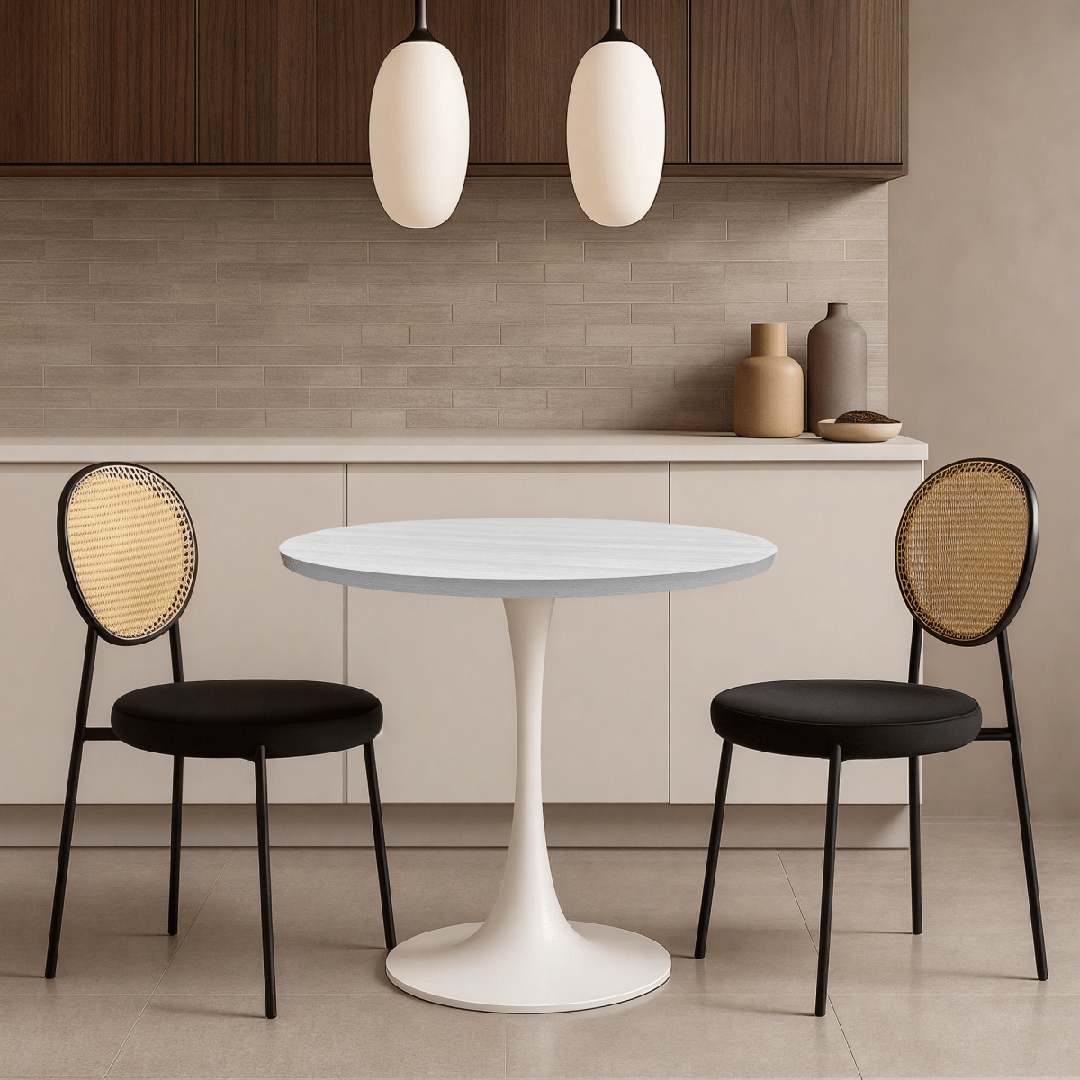 Bristol Round Dining Table with MDF/Sintered Stone/Glass Wood Tabletop in White Steel