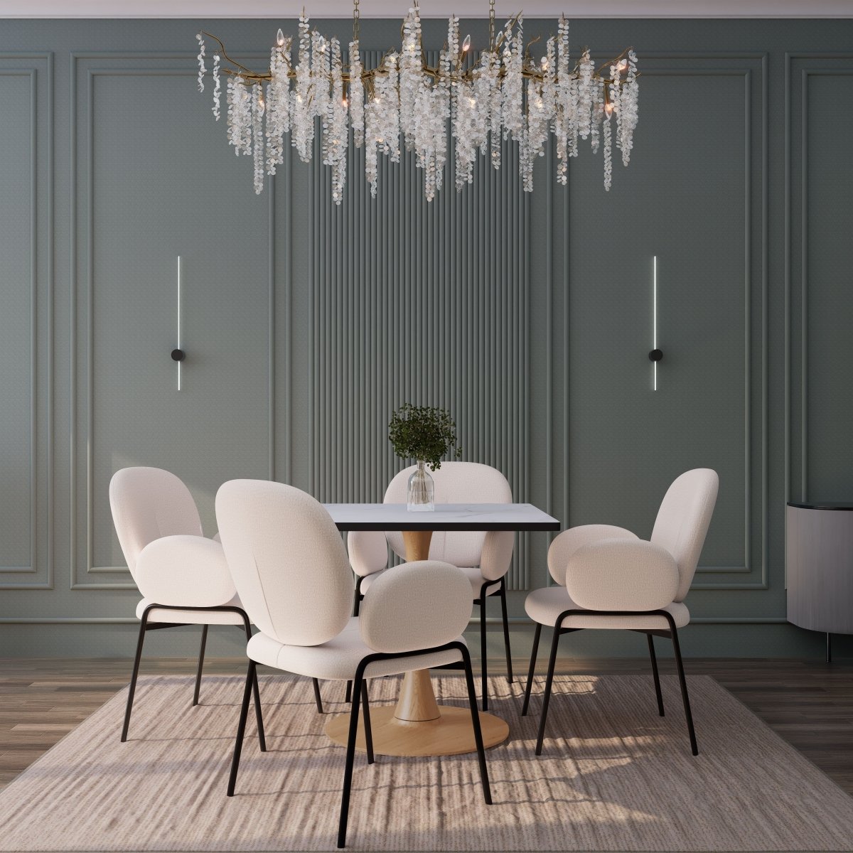 Bristol Square Dining Table with Marble White MDF Top and Steel Pedestal Base 27" Wide Natural Wood Dining Table LeisureMod