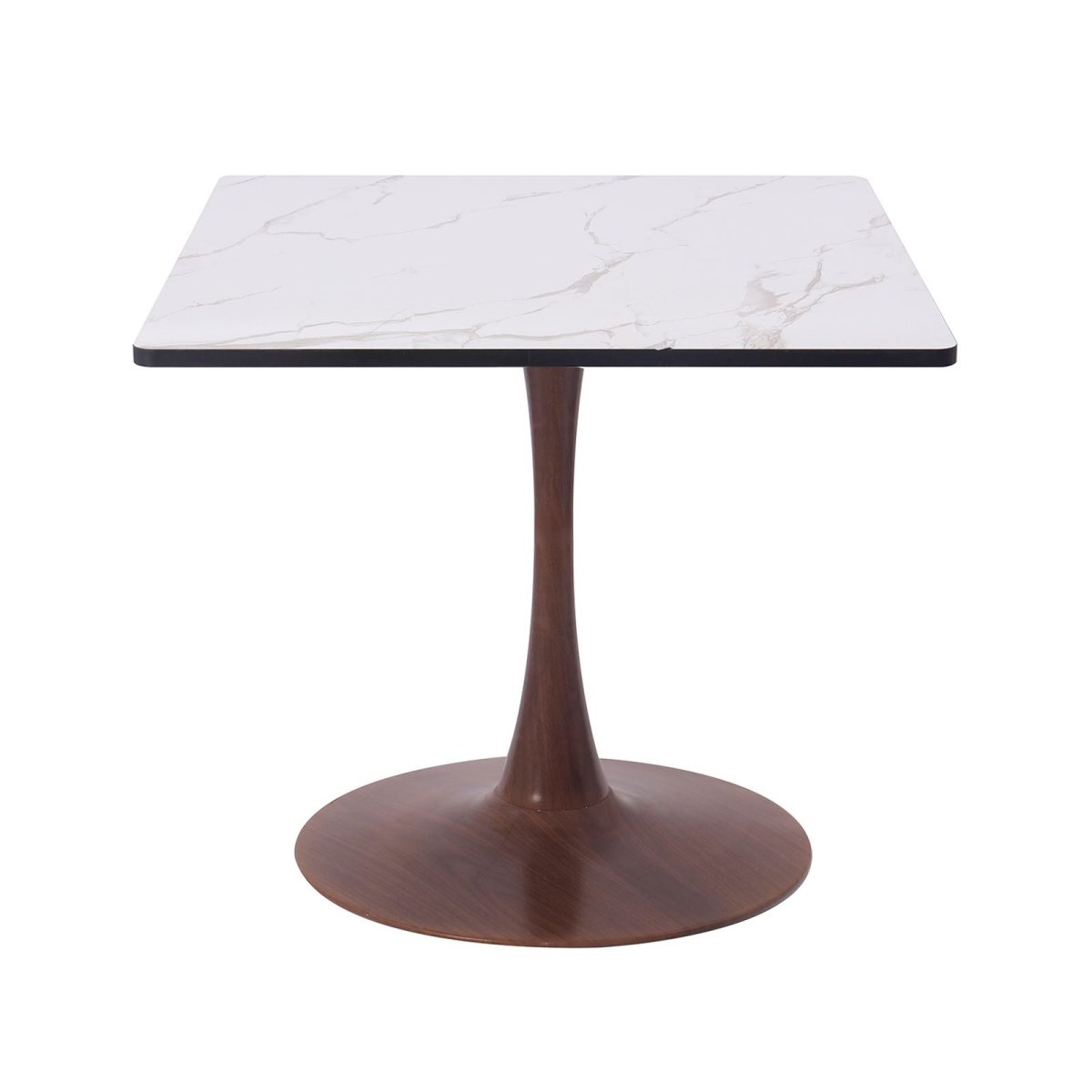 Bristol Square Dining Table with Marble White MDF Top and Steel Pedestal Base 27" Wide Walnut Dining Table LeisureMod