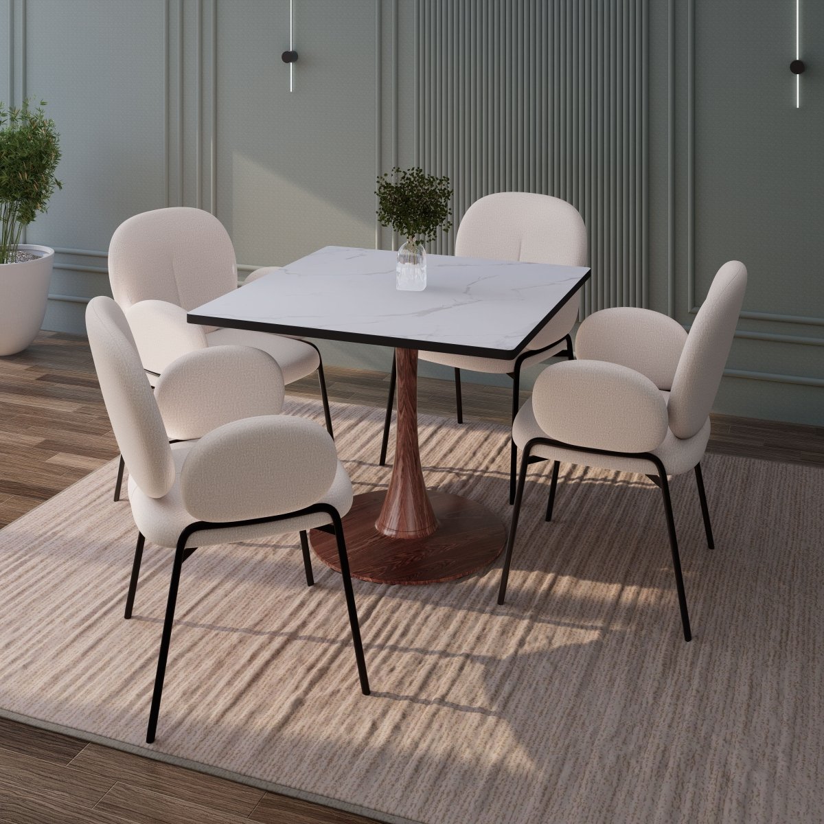 Bristol Square Dining Table with Marble White MDF Top and Steel Pedestal Base 27" Wide Walnut Dining Table LeisureMod