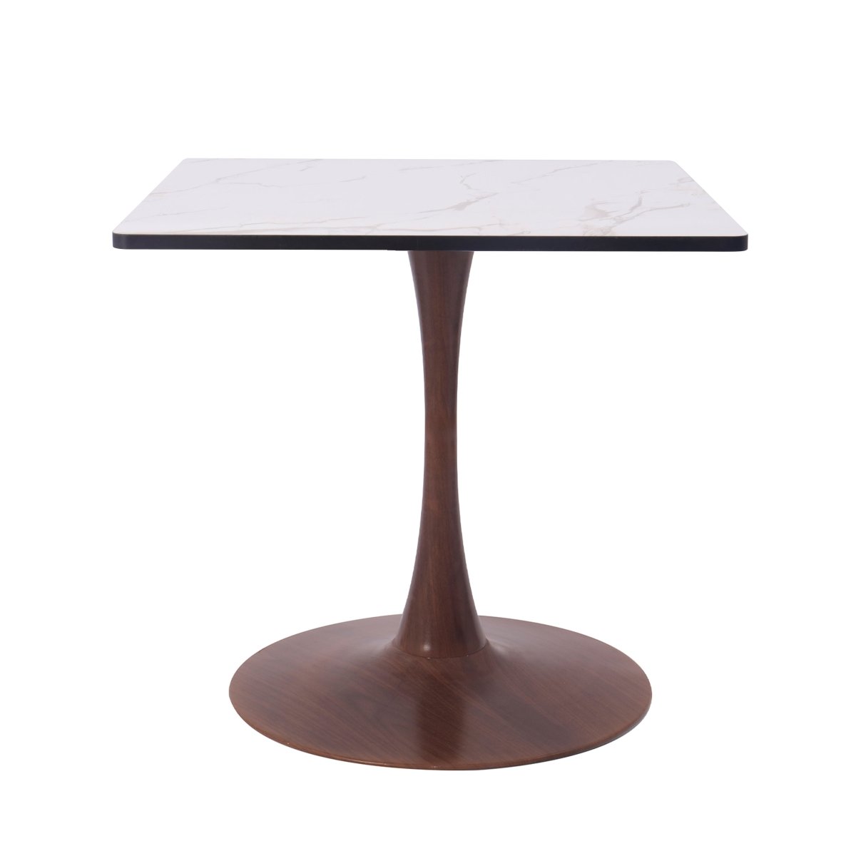 Bristol Square Dining Table with Marble White MDF Top and Steel Pedestal Base 27" Wide Walnut Dining Table LeisureMod