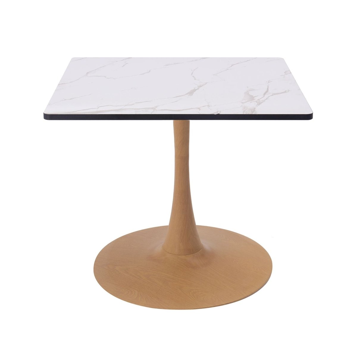 Bristol Square Dining Table with Marble White MDF Top and Steel Pedestal Base 27" Wide Natural Wood Dining Table LeisureMod