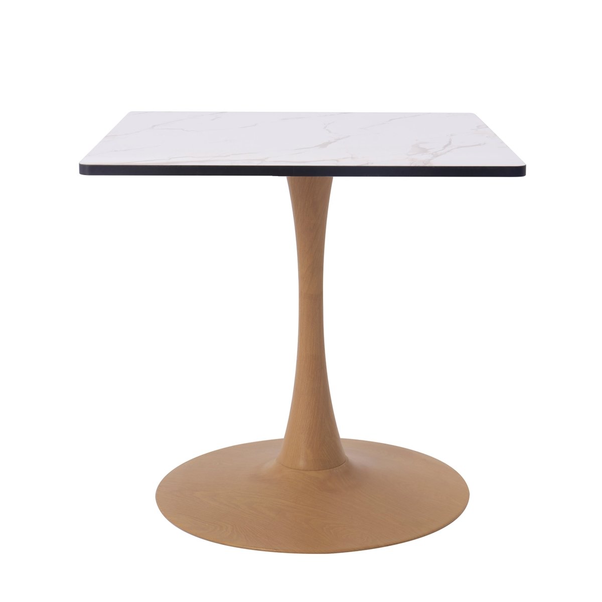 Bristol Square Dining Table with Marble White MDF Top and Steel Pedestal Base 27" Wide Natural Wood Dining Table LeisureMod