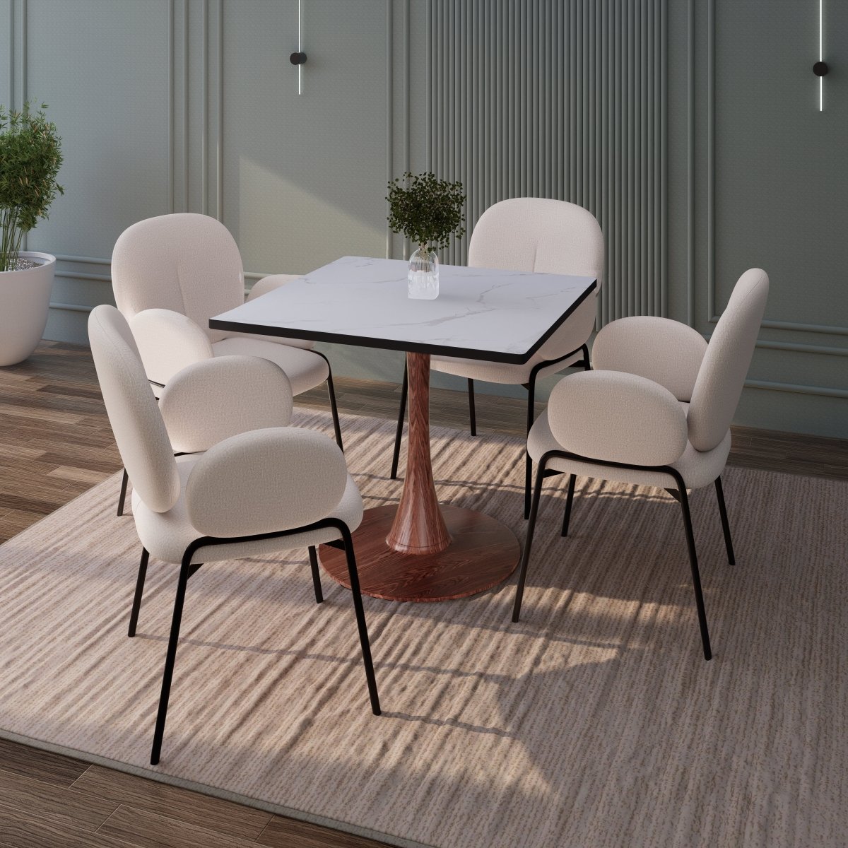 Bristol Square Dining Table with Marble White MDF Top and Steel Pedestal Base 27" Wide Cherry Dining Table LeisureMod