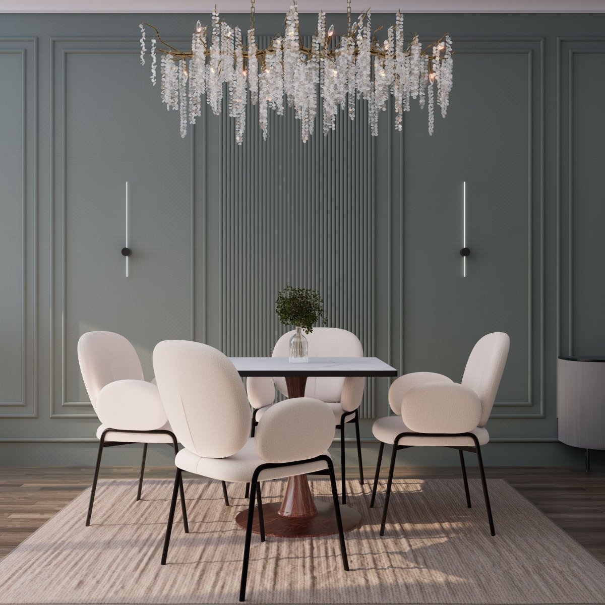 Bristol Square Dining Table with Marble White MDF Top and Steel Pedestal Base 27" Wide Walnut Dining Table LeisureMod