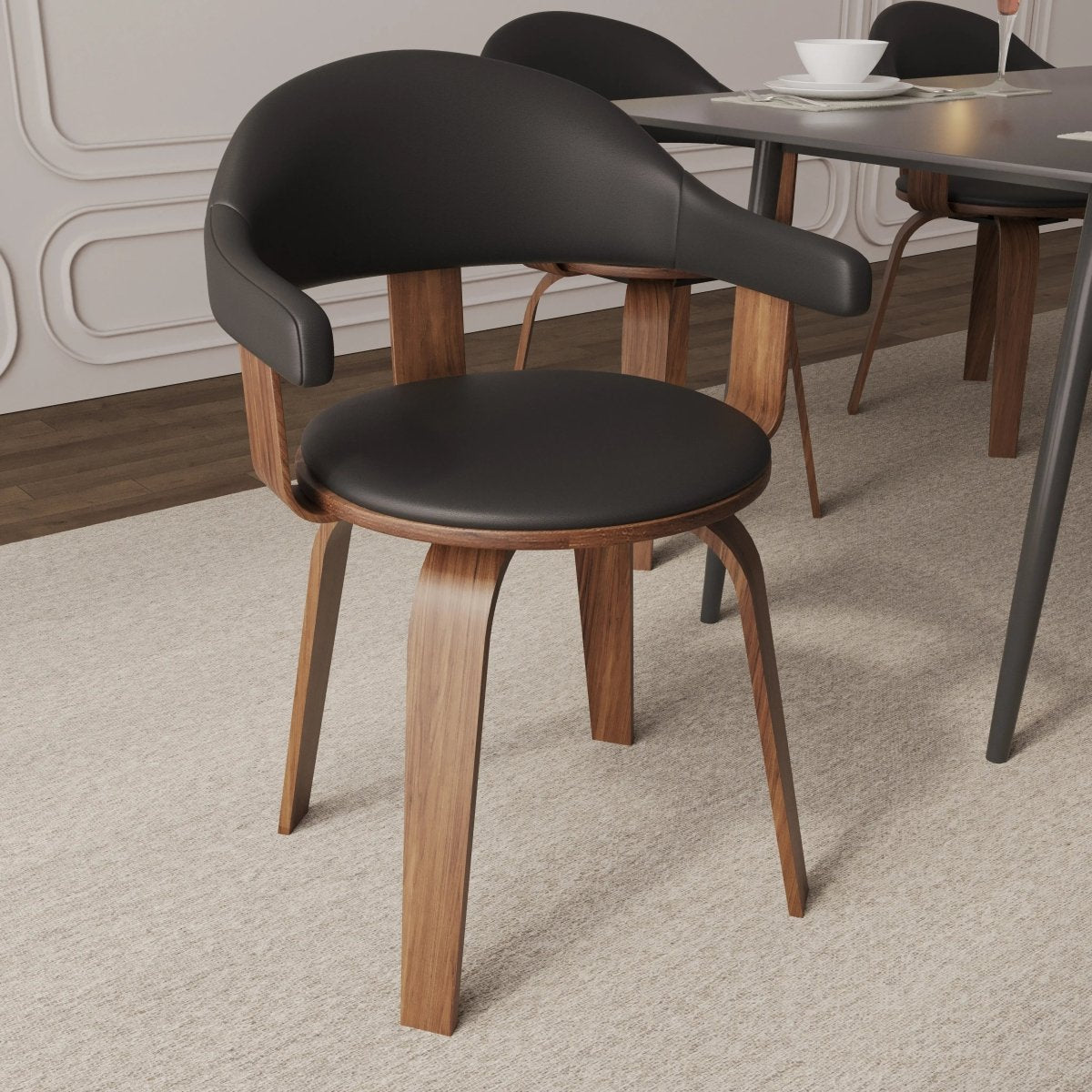 Brivo Leather Dining Chair with Wooden Legs, Open - Back Swivel Armchair with Poplar Wood Base Set of 2