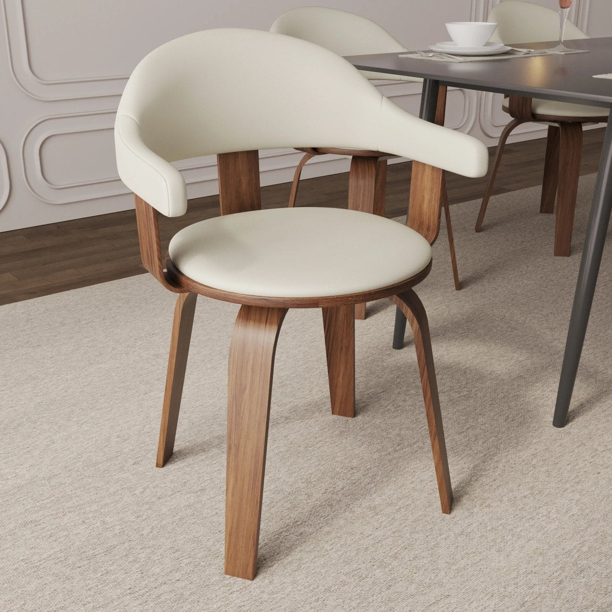 Brivo Leather Dining Chair with Wooden Legs, Open - Back Swivel Armchair with Poplar Wood Base Set of 2