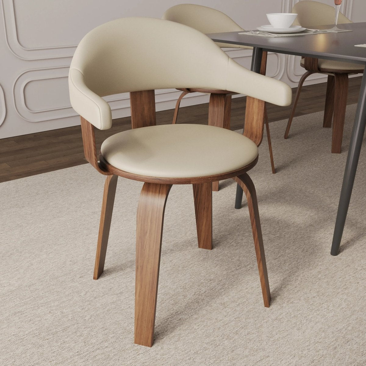 Brivo Leather Dining Chair with Wooden Legs, Open - Back Swivel Armchair with Poplar Wood Base Set of 2