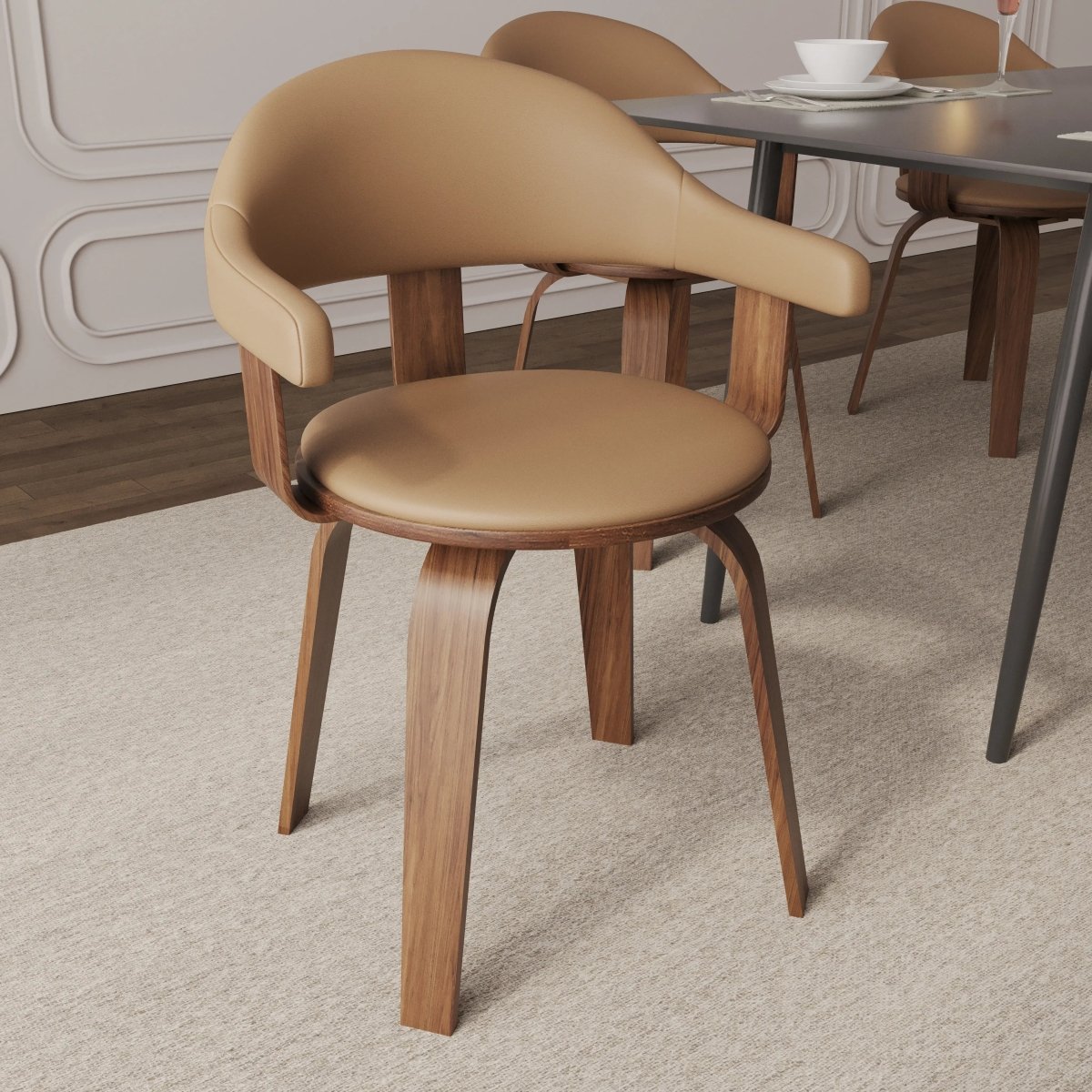 Brivo Leather Dining Chair with Wooden Legs, Open - Back Swivel Armchair with Poplar Wood Base Set of 2
