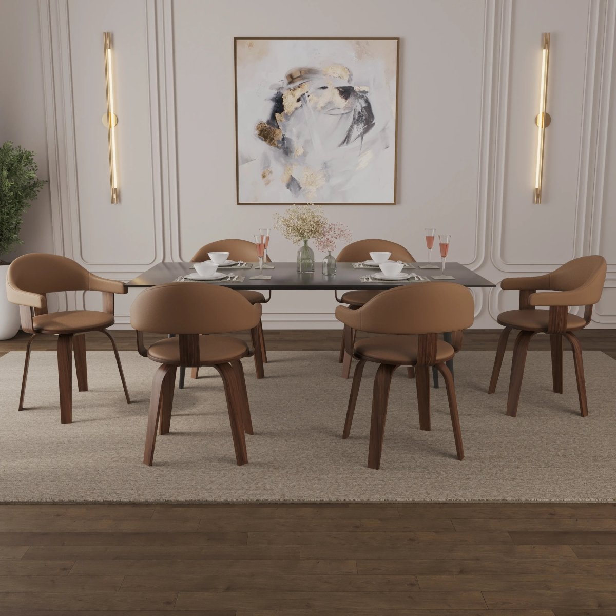 Brivo Leather Dining Chair with Wooden Legs, Open - Back Swivel Armchair with Poplar Wood Base Set of 4