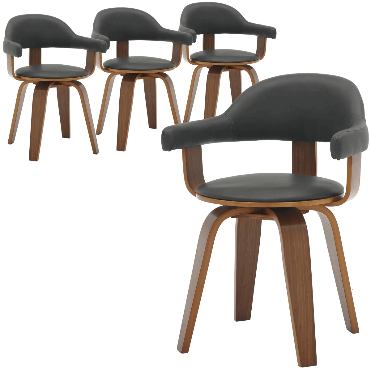 Brivo Leather Dining Chair with Wooden Legs, Open - Back Swivel Armchair with Poplar Wood Base Set of 4