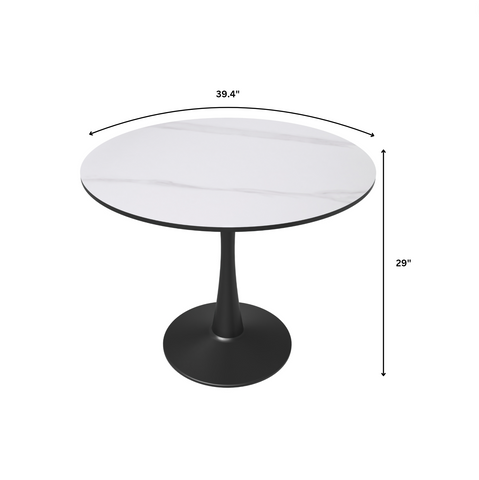 Bristol Round Dining Table with Sintered Stone/MDF Wood Tabletop in Black/White Steel