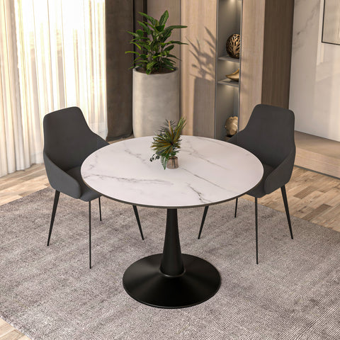 Bristol Round Dining Table with Sintered Stone/MDF Wood Tabletop in Black/White Steel