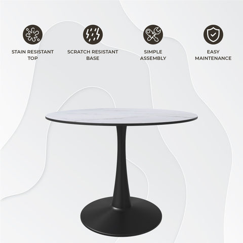 Bristol Round Dining Table with Sintered Stone/MDF Wood Tabletop in Black/White Steel