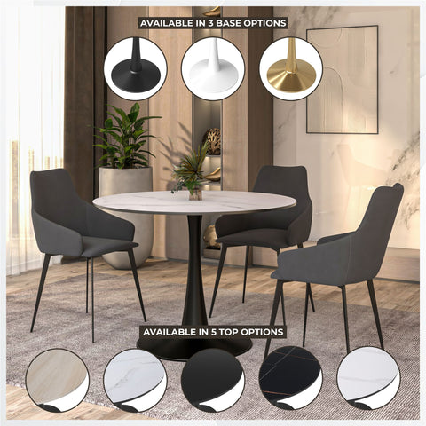 Bristol Round Dining Table with Sintered Stone/MDF Wood Tabletop in Black/White Steel