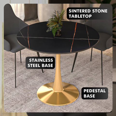 Bristol Round Dining Table with MDF/Sintered Stone Wood Tabletop in Gold Steel