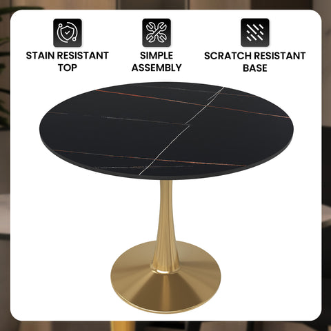 Bristol Round Dining Table with MDF/Sintered Stone Wood Tabletop in Gold Steel