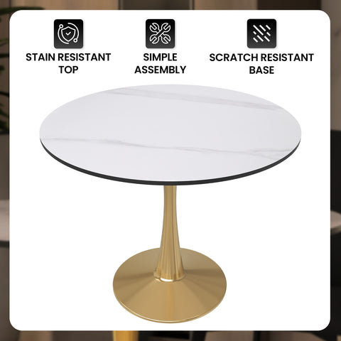 Bristol Round Dining Table with MDF/Sintered Stone Wood Tabletop in Gold Steel