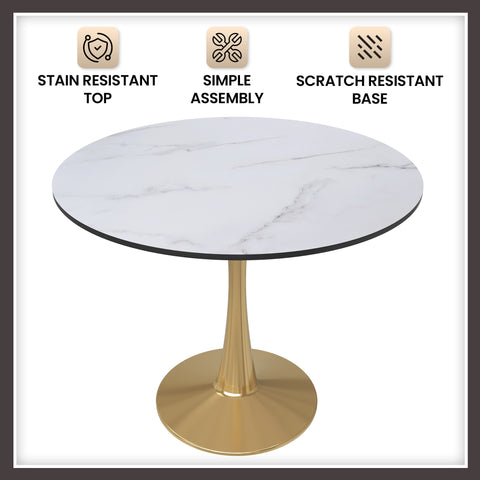 Bristol Round Dining Table with MDF/Sintered Stone Wood Tabletop in Gold Steel