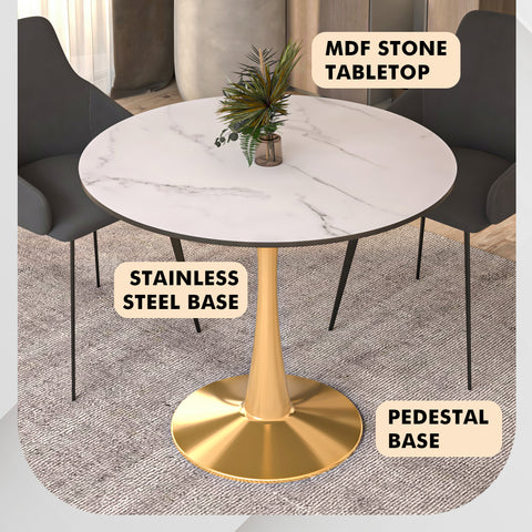 Bristol Round Dining Table with MDF/Sintered Stone Wood Tabletop in Gold Steel