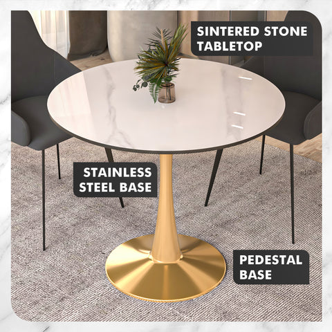 Bristol Round Dining Table with MDF/Sintered Stone Wood Tabletop in Gold Steel