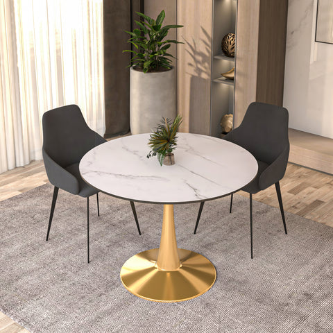 Bristol Round Dining Table with MDF/Sintered Stone Wood Tabletop in Gold Steel