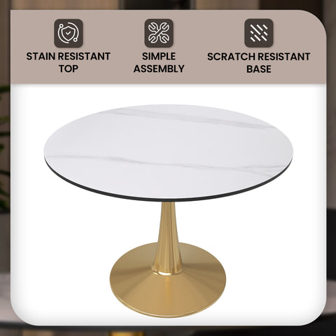 Bristol Round Dining Table with MDF/Sintered Stone Wood Tabletop in Gold Steel