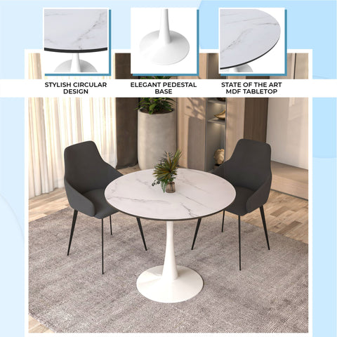 Bristol Round Dining Table with MDF/Sintered Stone/Glass Wood Tabletop in White Steel