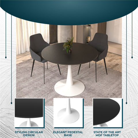 Bristol Round Dining Table with Sintered Stone/MDF Wood Tabletop in Black/White Steel